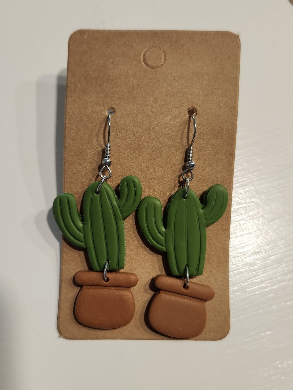 Handmade Clay Green Cactus in Pot Drop Earrings